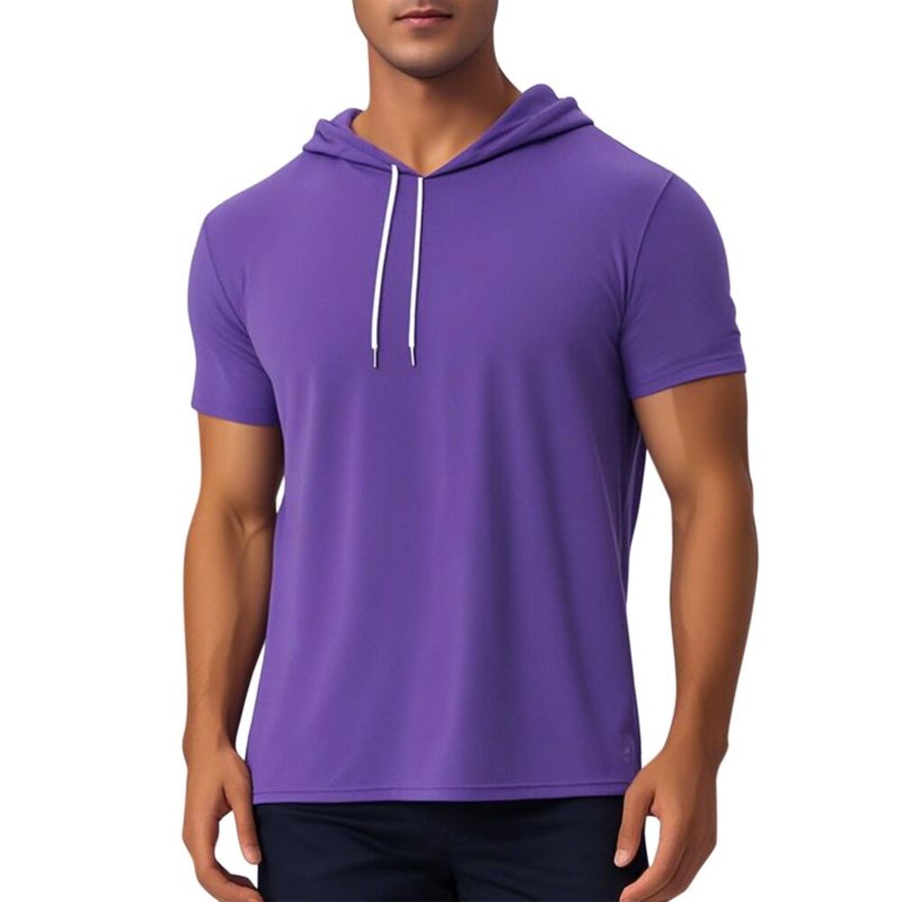 Short Sleeve Athletic Workout Pullover Drawstring Hooded T-Shirts Purple